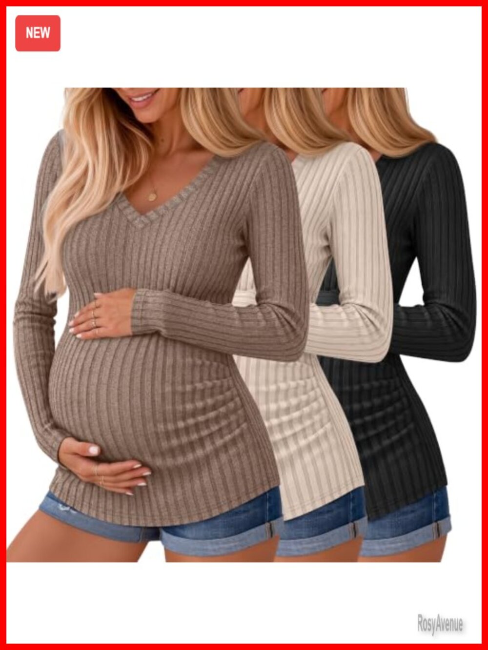 Ficerd 3 Pack Maternity Ribbed Long Sleeve V Neck Nursing Sweater Shirt